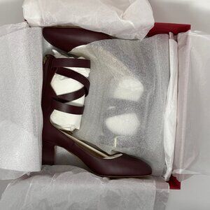 Valentino Garavani block heel ankle-strap pumps in a burgundy leather